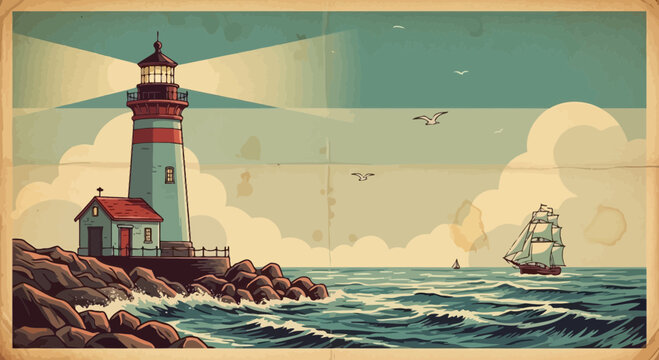 Vintage lighthouse guiding sailing ship at sea, retro coastal scene