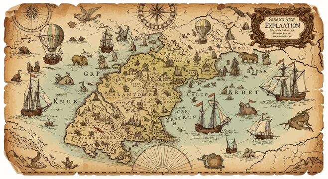 Vintage Fantasy Map Illustration: Exploration, Adventure, Hot Air Balloons, Ships, Animals