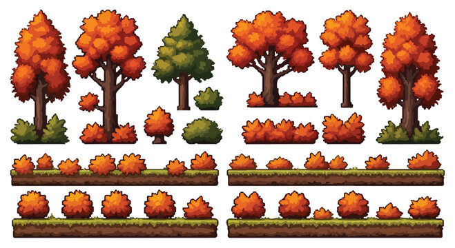 Pixel art autumn trees and bushes collection, retro 8-bit fall foliage game assets, orange and green forest landscape elements for platformer games