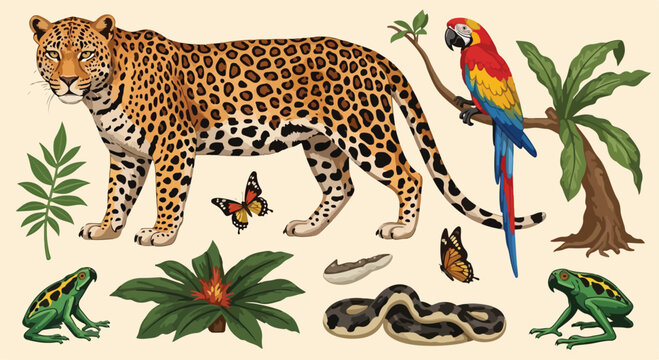 Vintage tropical wildlife vector set, leopard and macaw parrot with jungle animals, exotic rainforest flora and fauna collection for nature design