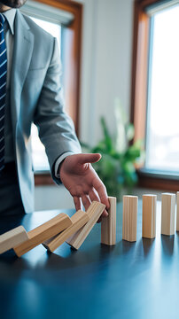 Businessman preventing a domino effect with wooden blocks on a blue table in an office setting with windows
