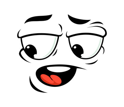 Cartoon face expressing boredom and exhaustion emotion. Comic emoji character with sluggish half closed eyes, low angled brows and lazy open mouth with red tongue. Tired face for kids educational apps