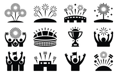 Collection of black silhouette icons representing celebratory fireworks stadium events cheering crowds and a championship trophy symbolizing victory sports and festive occasions © PRITOM