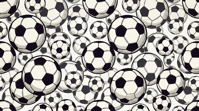 A seamless pattern of multiple black and white soccer balls scattered across a white background, creating a repetitive for sports themes