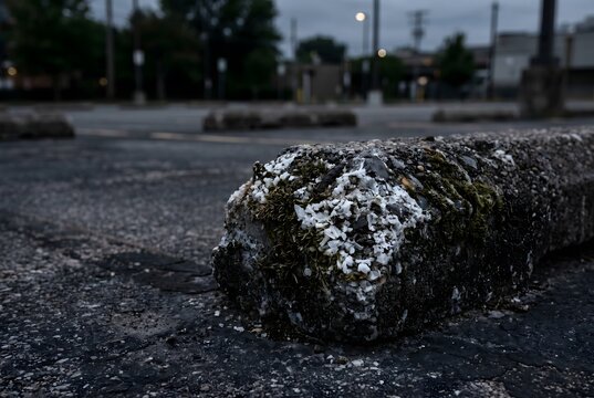 Close-up of concrete parking block corner with efflorescence and moss paste