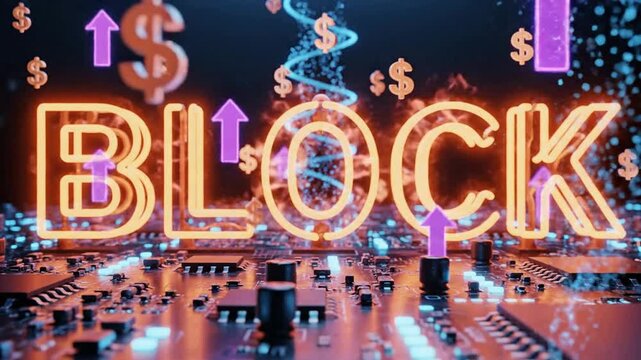 Blockchain technology concept with glowing neon text and rising dollar signs over a digital circuit board background