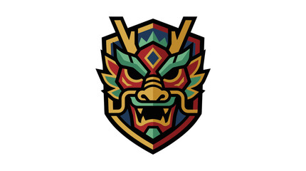 Obraz premium Colorful Dragon Head Shield Emblem Vector Illustration.