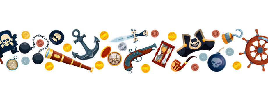 Pirate border with corsair weapons, captain tricorn hat, golden coins, smoking pipe and ship anchors. Piracy, marine sailing and treasure hunting border with pirate flag, pistol, navigation compass