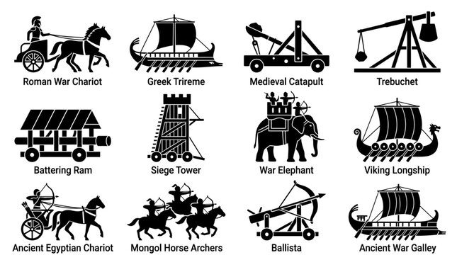 Collection of ancient and medieval war machine and vehicle icons.