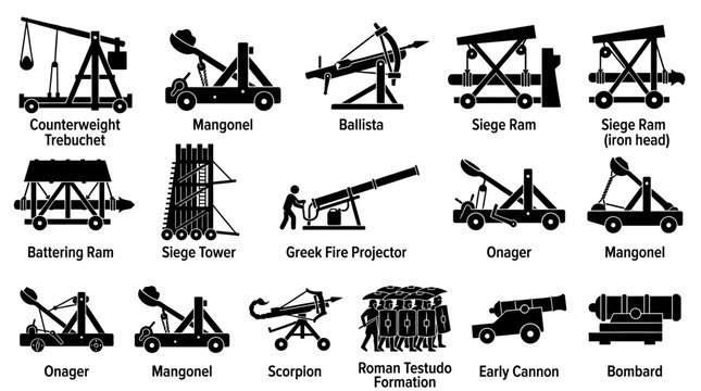 Set of Ancient Medieval Siege Weapons and Artillery Icons.