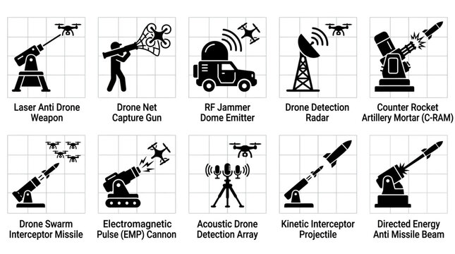 Set of Anti Drone and Defense System Icons.