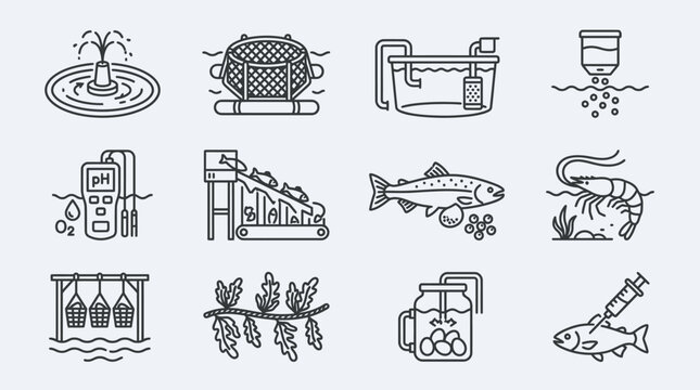 Set of aquaculture and fish farming thin line icons for sustainable industry.