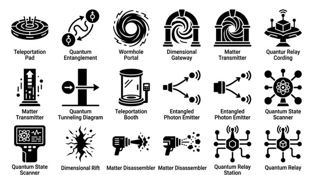 Set of futuristic science and quantum physics technology icons.