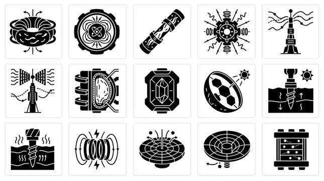 Set of futuristic power generation and energy technology icons.