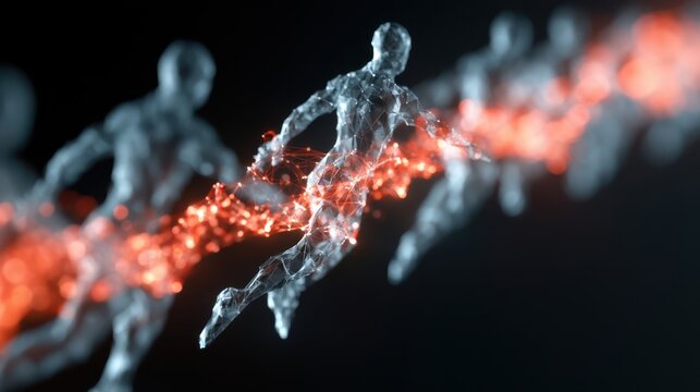 An abstract network of interconnected nodes forming human-like figures, symbolizing connectivity, teamwork, and digital collaboration in a modern technological context.