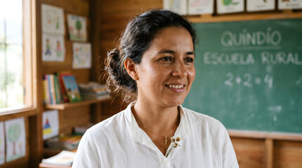 Fototapeta premium Smiling woman teacher in rural school classroom