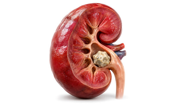 Detailed cross-section of a human kidney with a prominent kidney stone medical illustration medical condition health care internal organ anatomy illustration human body