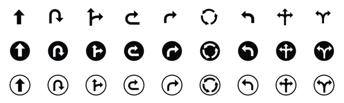Set of black traffic arrow buttons showing minimalist circle navigation indicators direction signs and curve pointers perfectly designed for web apps