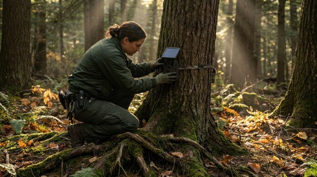 Female park ranger in green uniform and tactical gear kneeling in a sunlit forest, installing a solar-powered trail camera on a large tree trunk for wildlife monitoring and research.