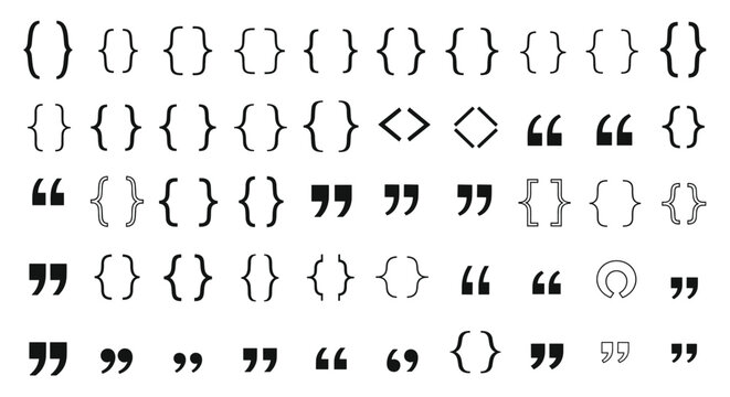 Large set of different styles of brackets, braces, parentheses, and quotation marks in a clean black and white layout.