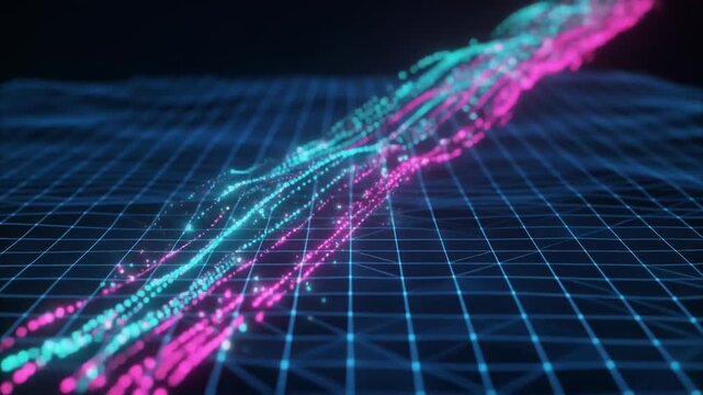 Seamless Loop Data Particle Stream Flowing Through Dimly Lit Blue Triangular Grid Network in Futuristic Cyber Technology Motion Background with Neo...