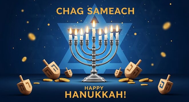 Happy Hanukkah celebration with menorah and dreidels