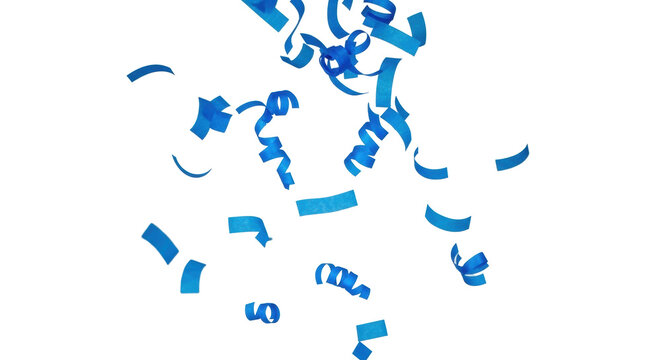vibrant blue confetti strips and spirals fluttering down, captured with sharp focus, shallow depth of field, and bokeh on a solid transparent studio background. concept of joyous celebration