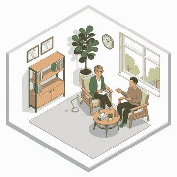 Psychologist talking to a patient in a therapy session, isometric illustration of a counseling room.