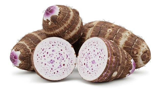 Fresh whole and sliced taro root isolated on white background