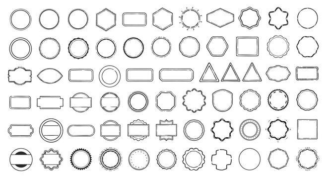Large collection of sixty simple frames and badge shapes including circles, squares, triangles, and polygons in black line art.