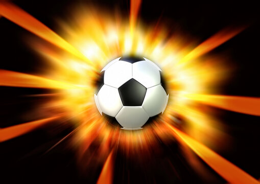 炎をまとったサッカーボールの爆発的エネルギー背景｜スポーツイメージCG