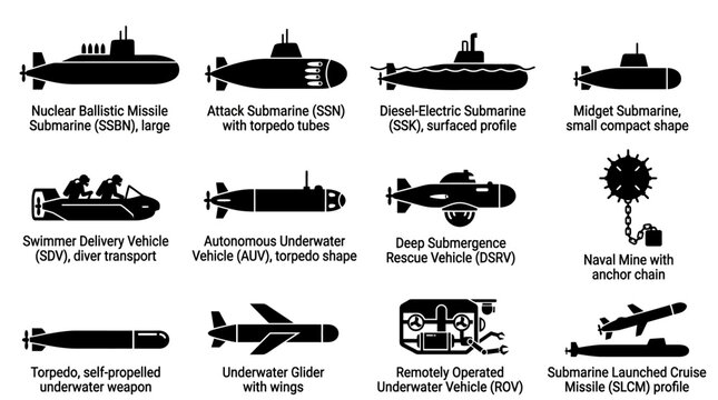 Set of black silhouette icons representing various types of military submarines and underwater naval vessels.