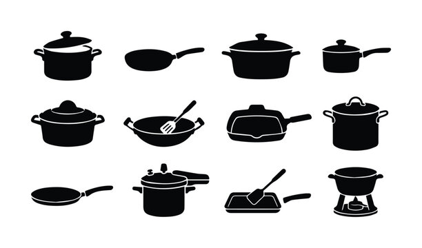 Kitchenware silhouette icons set of 12 vector elements, black cooking pots and pans collection, professional culinary equipment for restaurant menus
