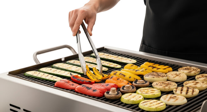 Hand holding tongs turning grilled food.