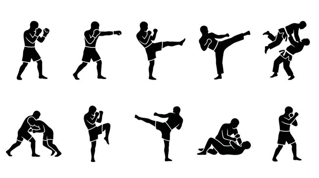 Set of silhouettes representing various martial arts techniques and fighting styles.