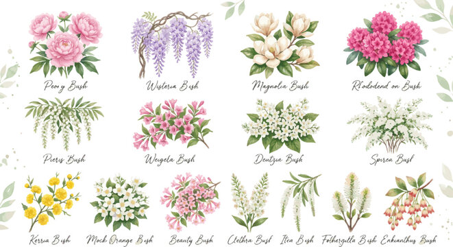 Watercolor Botanical Illustrations of Various Spring Flowering Shrubs and Bushes.