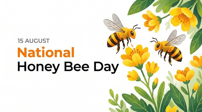 National Honey Bee Day banner for 15 August, watercolor honeybee illustration with yellow flowers, buzzing bees and green leaves on white background