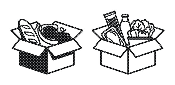 Minimalist grocery delivery box icons, cardboard food donation package vector, black and white outline of fresh produce and pantry staples in boxes