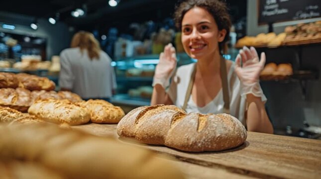 Friendly female bakery presenting fresh artisan bread to customers