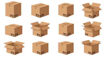Fototapeta premium Collection of brown cardboard shipping boxes in different sizes and states of being open or closed for logistics and delivery concepts.