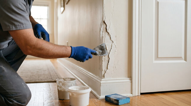 Handyman Applying White Plaster with Trowel to Fix Large Crack on Interior Home Wall Wearing Blue Gloves Kneeling on Hardwood Floor Renovation Repair Service