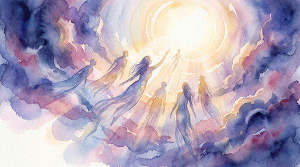 Fototapeta premium Spiritual Afterlife Ascension With Souls Rising Into Heavenly Light JPG
