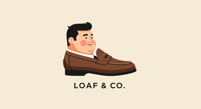 Quirky mascot character head inside a brown loafer shoe
