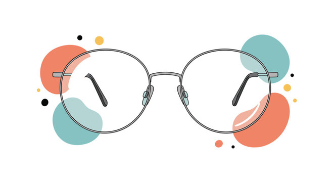 Pair of stylish round glasses positioned against an abstract background of colorful shapes and dots for modern design.