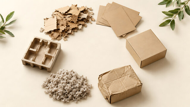 Recycled cardboard materials in circular arrangement with green leaves eco friendly molded pulp flat lay cardboard recycled packaging materials sustainable corrugated