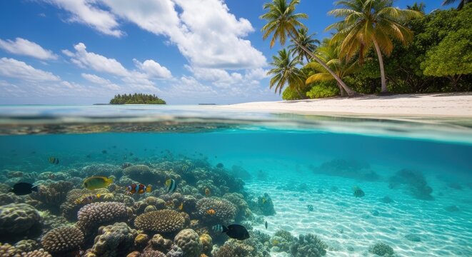 A stunning split-screen image showcases a tropical paradise. The top half reveals a brilliant blue sky filled with fluffy white clouds and swaying palm trees.