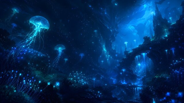 Enchanting underwater fantasy scene with glowing jellyfish and bioluminescent flora creating a magical, serene aquatic environment