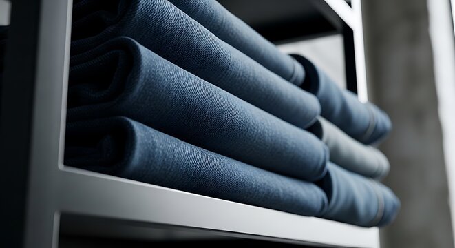 A stack of folded denim pants on a metal shelf indoors