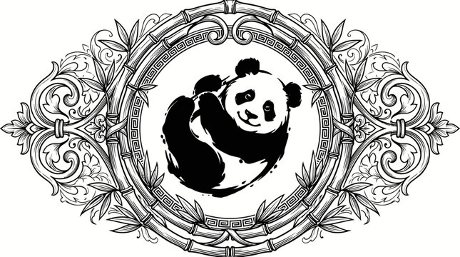 Cute Smiling Panda in Ornate Bamboo Frame with Greek Key Pattern, Isolated White Background