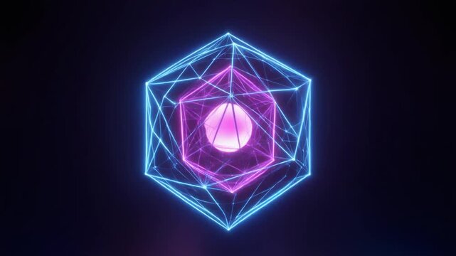 Seamless Loop Tesseract Glowing Neon Blue Geometric Shape with Purple Core Animation